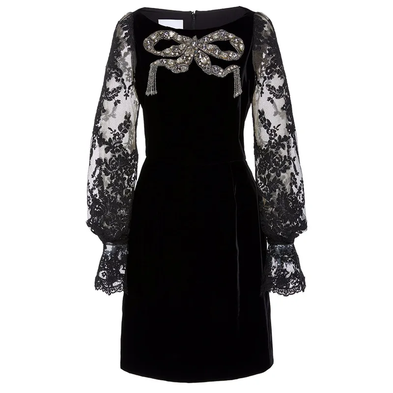 

Velvet Stitching Lace Long Sleeve Short Dress Women's Clothing Early Autumn New Beaded Bowknot Show Thin Black Hip Skirt