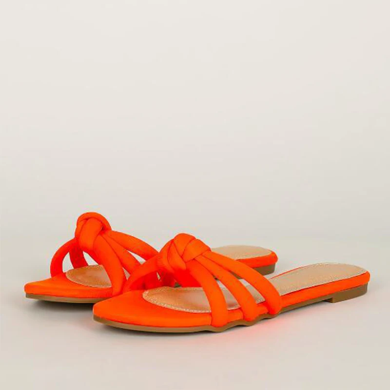 

Summer Slippers Women Open Toe Candy Color Flat Casual Slides Tied Ladies Comfort Female Fashion Beach Outside Shoes