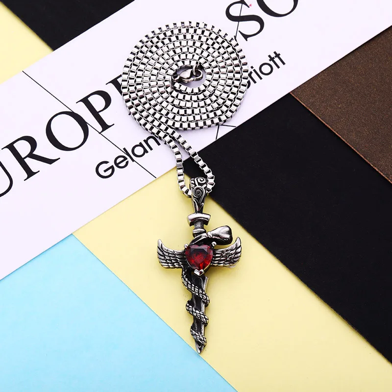 New domineering cross snake sword Men's pendant Hipster inlay red love crystal Wing titanium steel necklace birthday gifts | Украшения