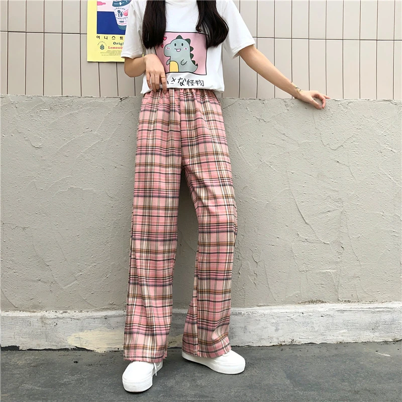 

Осенние тонкие свободные брюки в клетку в стиле Харадзюку 2021, женские розовые длинные брюки, уличная одежда в стиле бойфренд, женские брюки ...