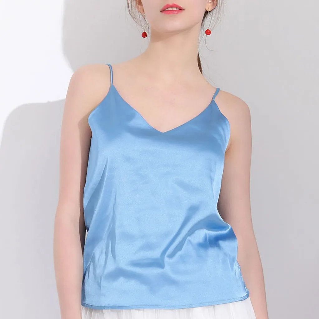 

Spaghetti Strap Top Women Halter V Neck Basic White Cami Sleeveless Satin Silk Tank Tops Women'S Summer Camisole Plus Size