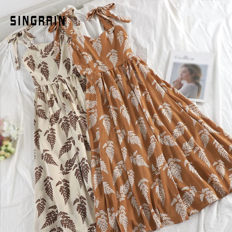 

SINGRAIN Women Summer Bohemian Strap Long Dress Korean Print Chiffon Ruched Sundress New Holiday Beach Sleeveless Floral Dress
