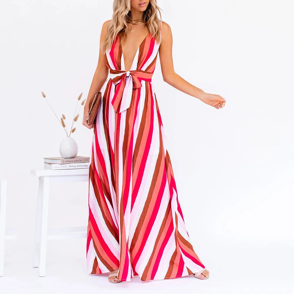 

Women Sexy Summer Dress Bohemian Holiday Style 2021 Casual Evening Fashion Temperament Sexy Deep V-neck Lace Stripe Printing