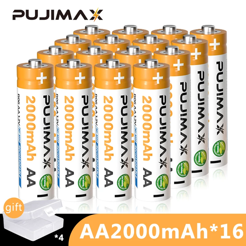 

PUJIMAX 16PCS AA Rechargeable Battery Set 2000mAh 1.2V Ni-MH Batteries Pack For Toys Mouse Remote Control Microphone Universal