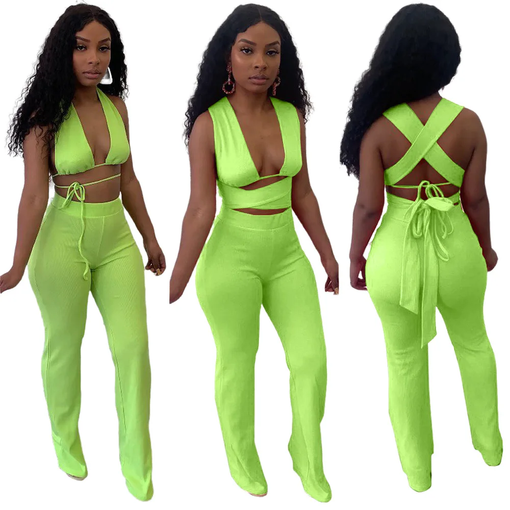 

2021 New Summer Women's Solid Color Sexy Strappy Halter Micro Horn Fashion Suit Two-Piece