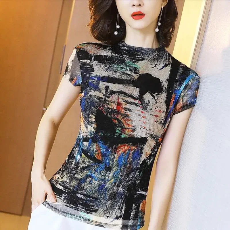 

Lace Bottoming Women's Short Sleeve New T-shirt Women Summer round Neck Stretch Mesh Floral Print plus Size Temperament Top 5XL