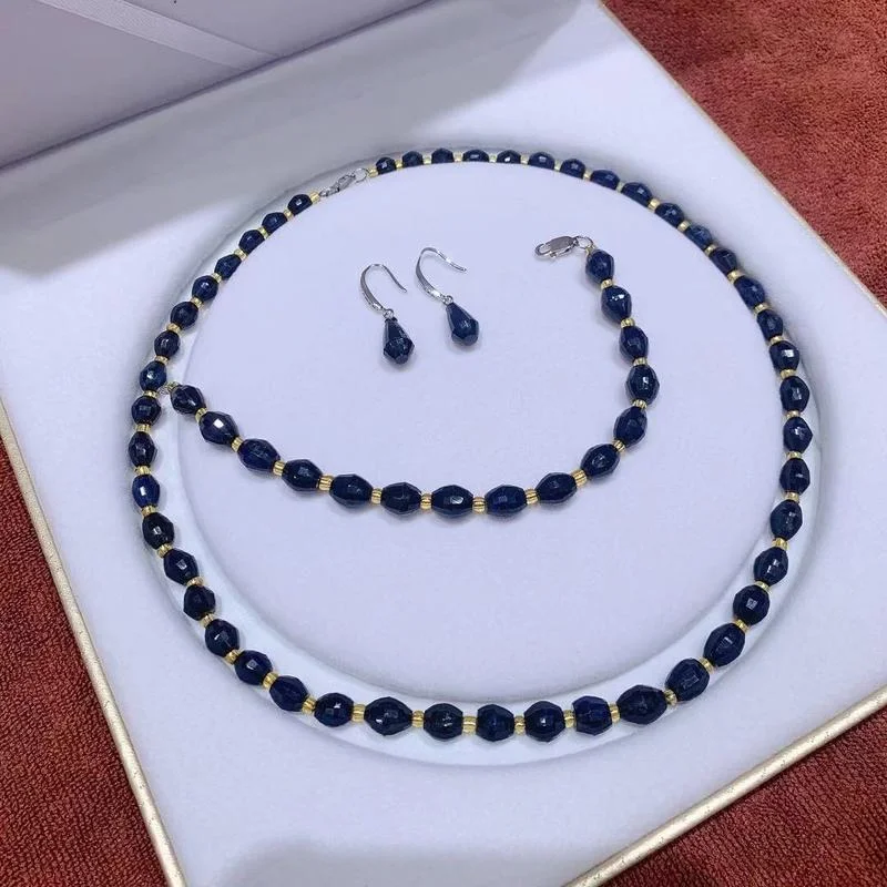 

Модный набор ювелирных украшений из натуральных драгоценных камней для вечерние, браслет с натуральным сапфиром, серьги, подвеска, серебря...