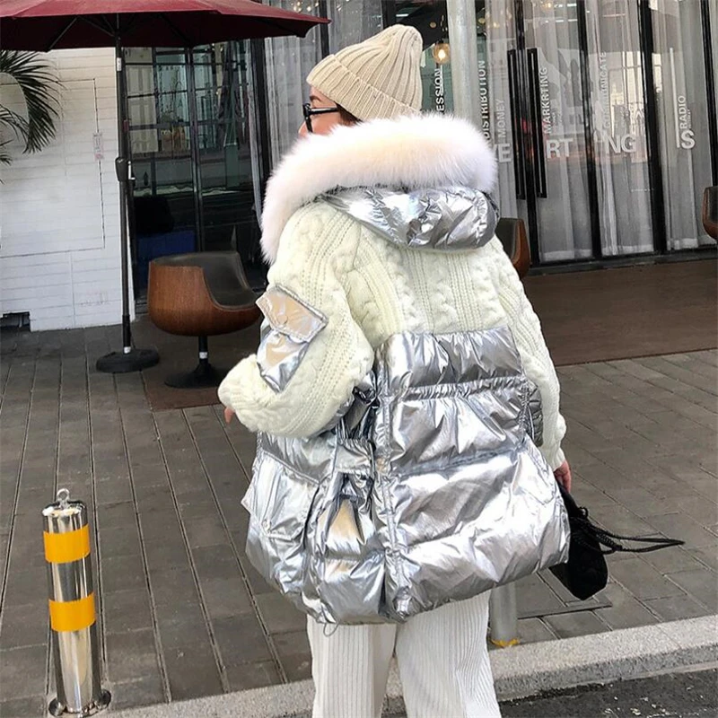 Женские пуховые парки свитер стеганый пуховик из лисьего меха женское