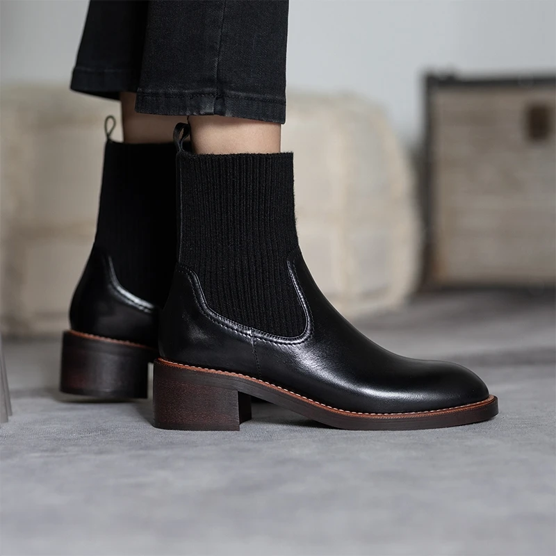 

fashion Thick High Heels Women Ankle Boots Round Toe Unlaced Footwear Genuine leather Female Boot Shoes Woman 2020 Black\brown