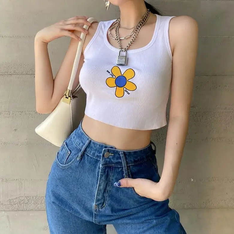 

Girls Summer Flower Embroidery Camisole, Ladies Leisure Style Sexy U-neck Sleeveless Midriff-baring Slim Top for Shopping