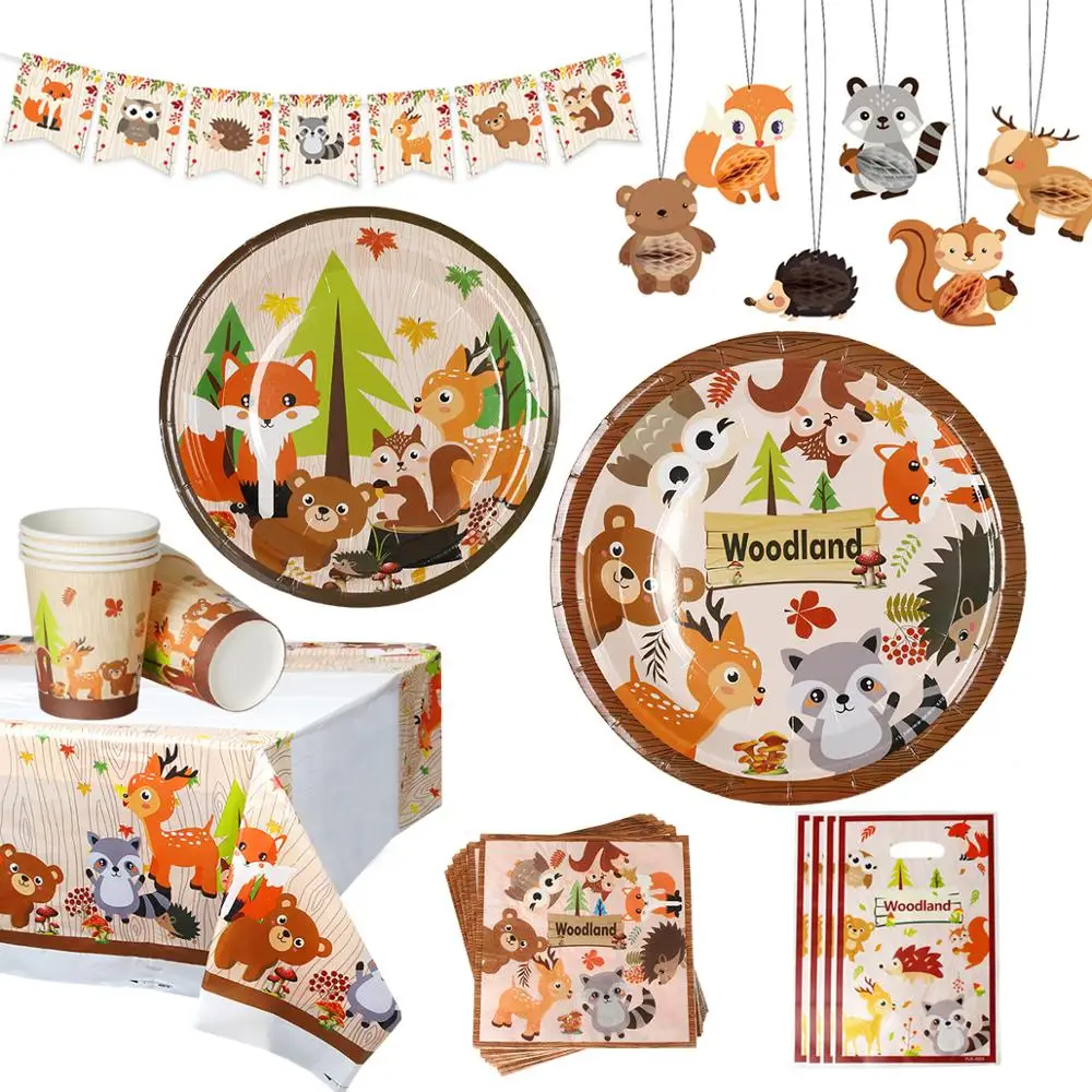 

FENGRISE Woodland Tableware Jungle Safari Birthday Decoration Wild One 1st Bithday Party Supplies Forest Animal Paper Plates