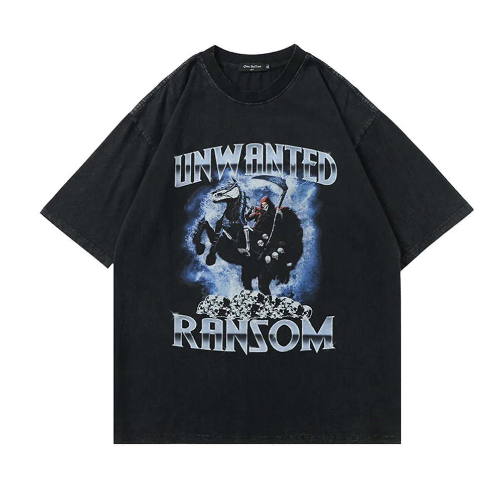 

Devil Print Short Sleeve T-shirt Men Streetwear Wash Oversize T Shirt Hip Hop Harajuku O-Neck Tees Top 2022 Summer T-Shirt Black