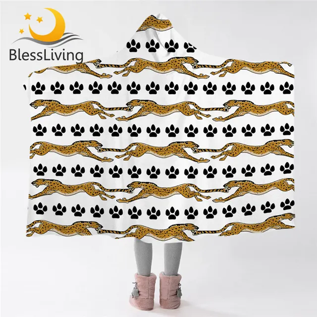 BlessLiving Leopard Pattern Hooded Blanket Animal Sherpa Fleece Blanket Black Paw Print Plush Bedspread Cute Bedding for Adults 1