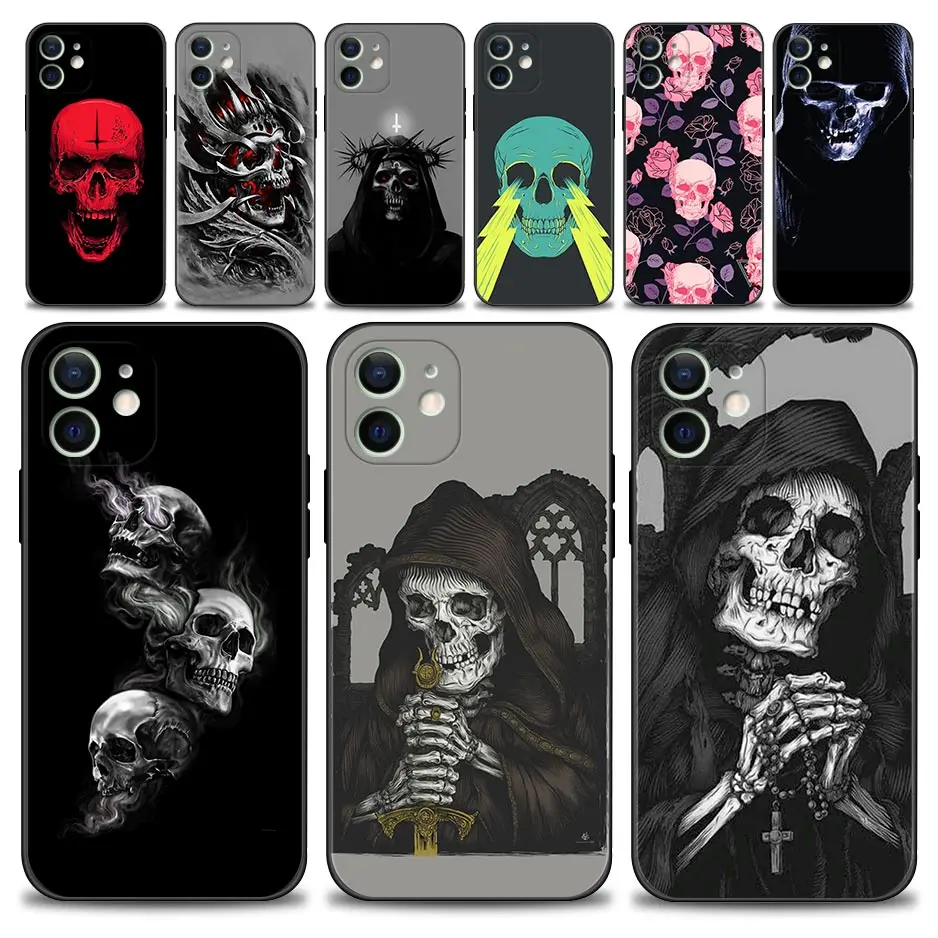 

Phone Case For iPhone 13 12 11 Pro Max XS Max XR X 7 8 Plus 12 Mini 6S 5S SE 2020 Black Cover Silicone Shell Satanic Skull dark