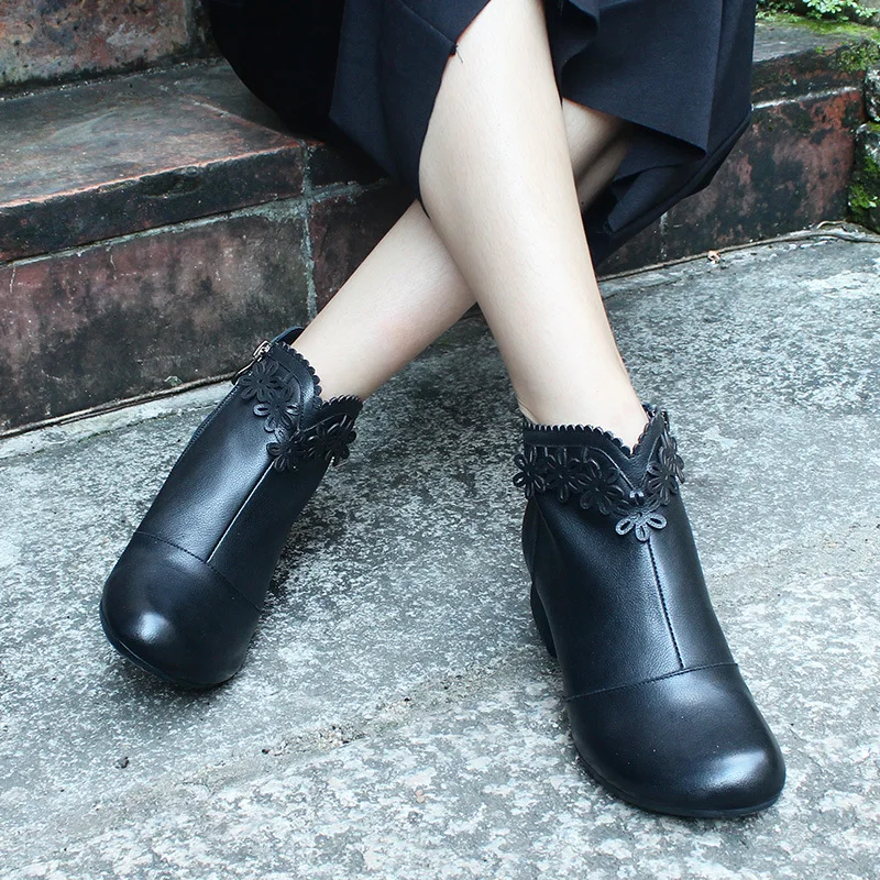 Original Vintage Thick High Heel Boots Ankle Women's Autumn 2019 Round Head Leather Female Handmade | Обувь