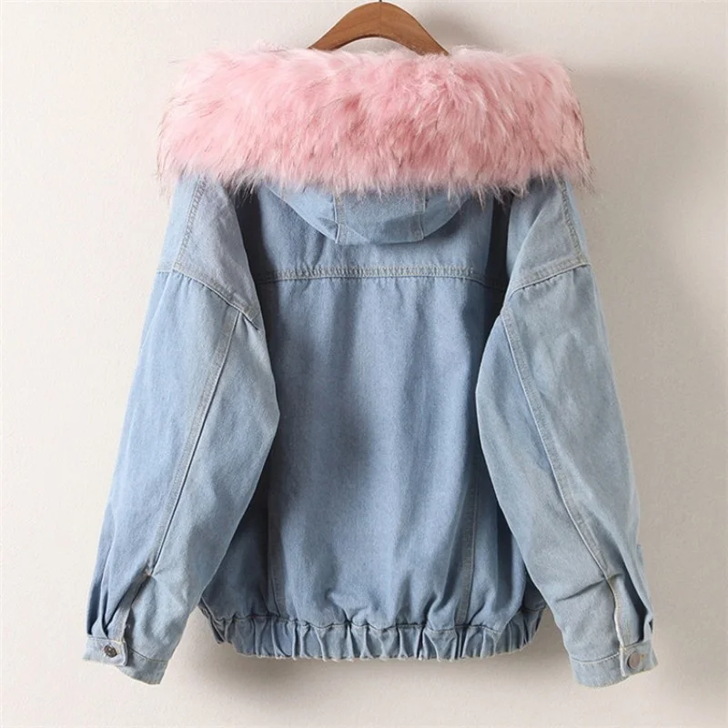 

Fashion Women Winter Fur Lining Thick Warm Denim Jacket Hairy Fur Collar Hoody Hip Hop Casual Loose Fit Jeans Coat Cargo Jacket