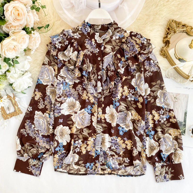 SINGRAIN Высокое качество Женские винтажные блузки с рукавами-фонариками шифоновые