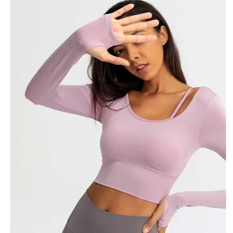 

Women Long Sleeve Workout Fitness Crop Top Tight Sport Gym Yoga Shirts With Chest Pad Running Clothing