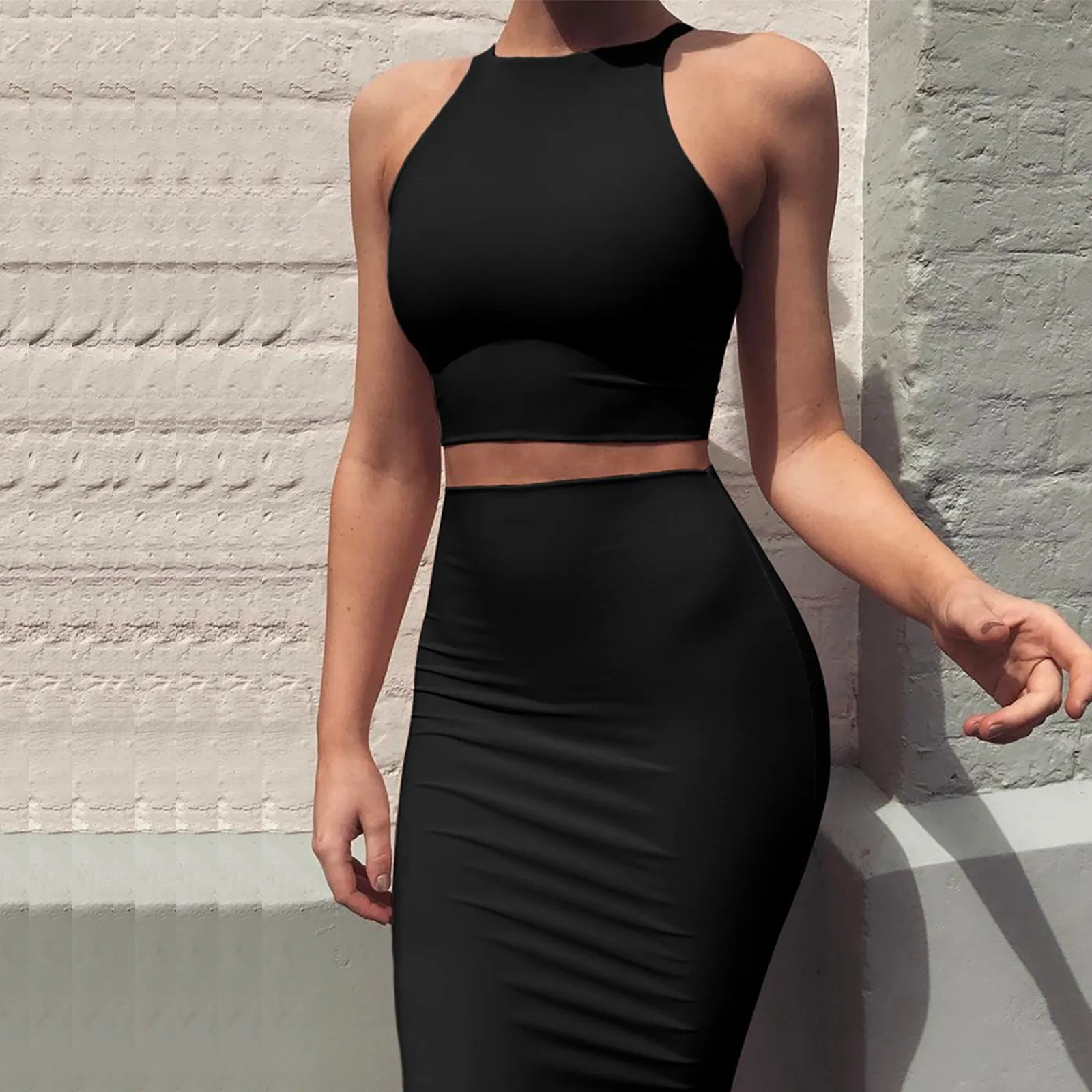 

Женский комплект из 2-х предметов, облегающий Топ без рукавов с круглым вырезом и принтом в полоску и длинная юбка, Клубное вечернее платье м...