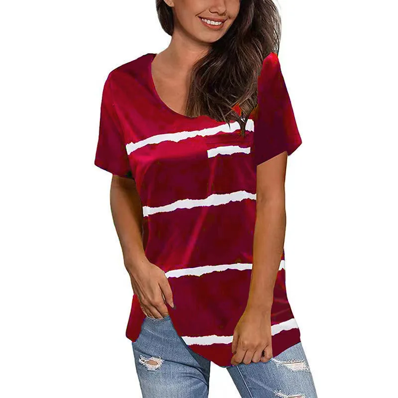 

2021 New Striped Printed Round Neck Short Sleeve with Pockets Women's Loose Large Size Temperament Was Thin T-shirt Tops