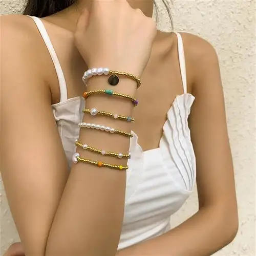 

6pcs/set Fashion Gold Color Beads Pearl Star Multilayer Beaded Bracelets Set for Women Charm Party Jewelry Gift