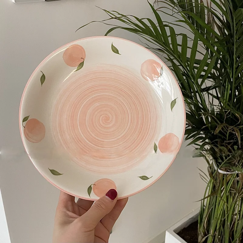 LadyCC Fresh Tableware Hand Painted Peach Ceramic Plate Home Decoration Flat Fruit for Food | Дом и сад