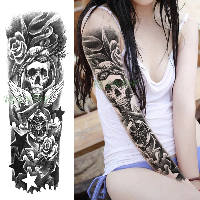 

Водостойкая Временная тату-наклейка, Череп, руль, роза, цветок, лоза, звезды, полная рука, искусственная тату, рукав-вспышка, тату для мужчин и...