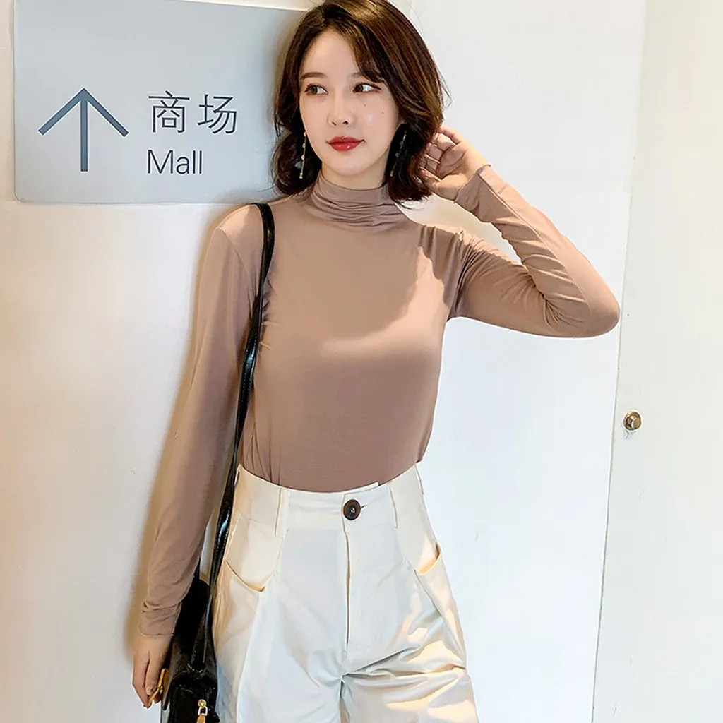 Женские однотонные топы с высоким воротником и длинными рукавами элегантный