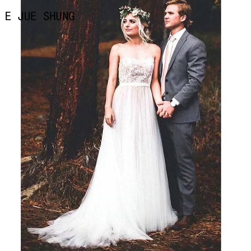 

E JUE SHUNG Illusion Tulle Boho Wedding Dresses Scoop Neck Lace Appliques Backless A Line Bridal Wedding Gowns vestido de noiva