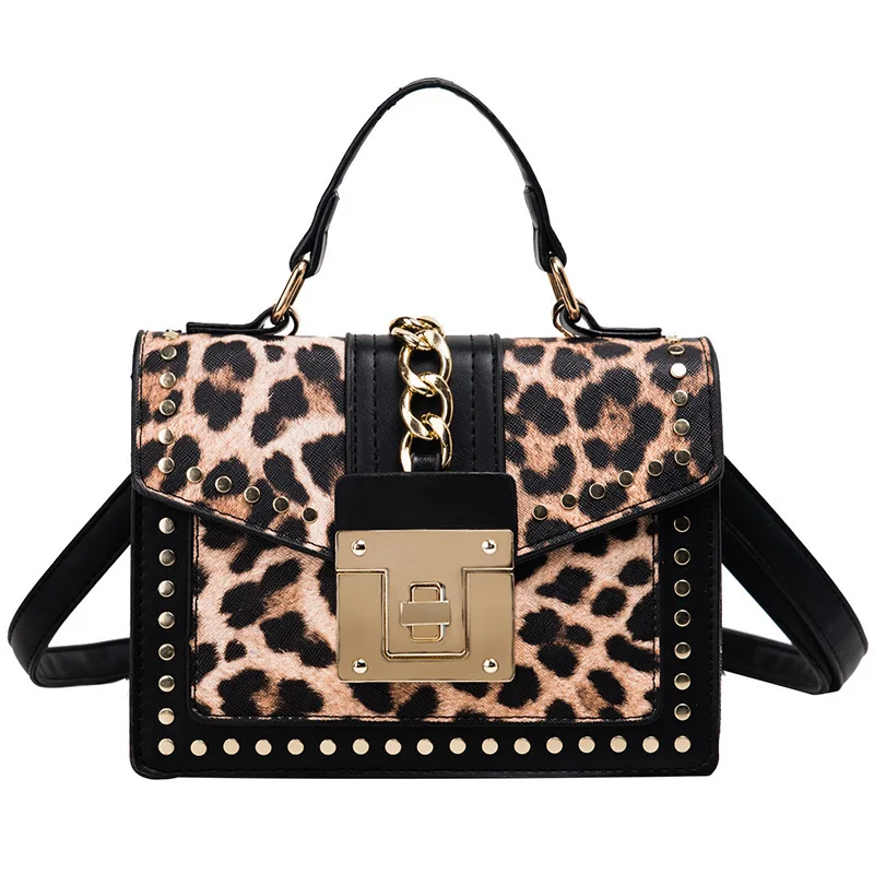 

Bags for Women 2020 Shoulder Bag Fashion Wild Sexy Leopard Rivet Portable Crossbody Bag PU Small Square Bag Women Messenger Bags