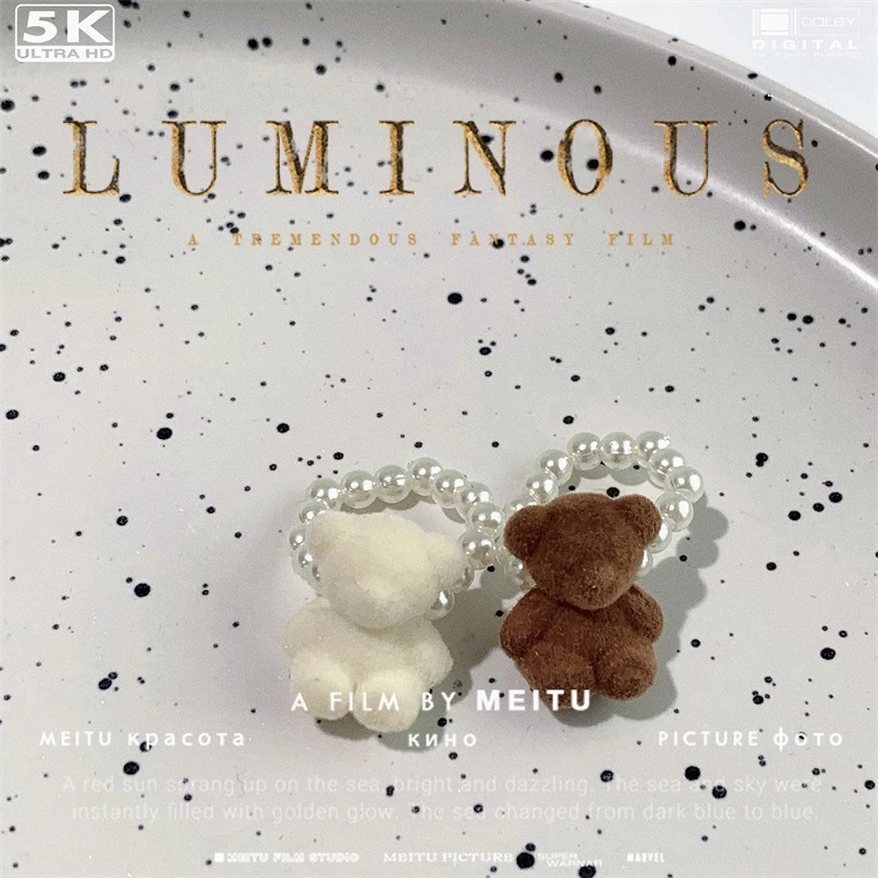 

Cute Simple Flocking Cartoon Bear Ring Trend Autumn And Winter Women's Pearl Ring Ladies And Girls Sweet Party Jewelry Gift