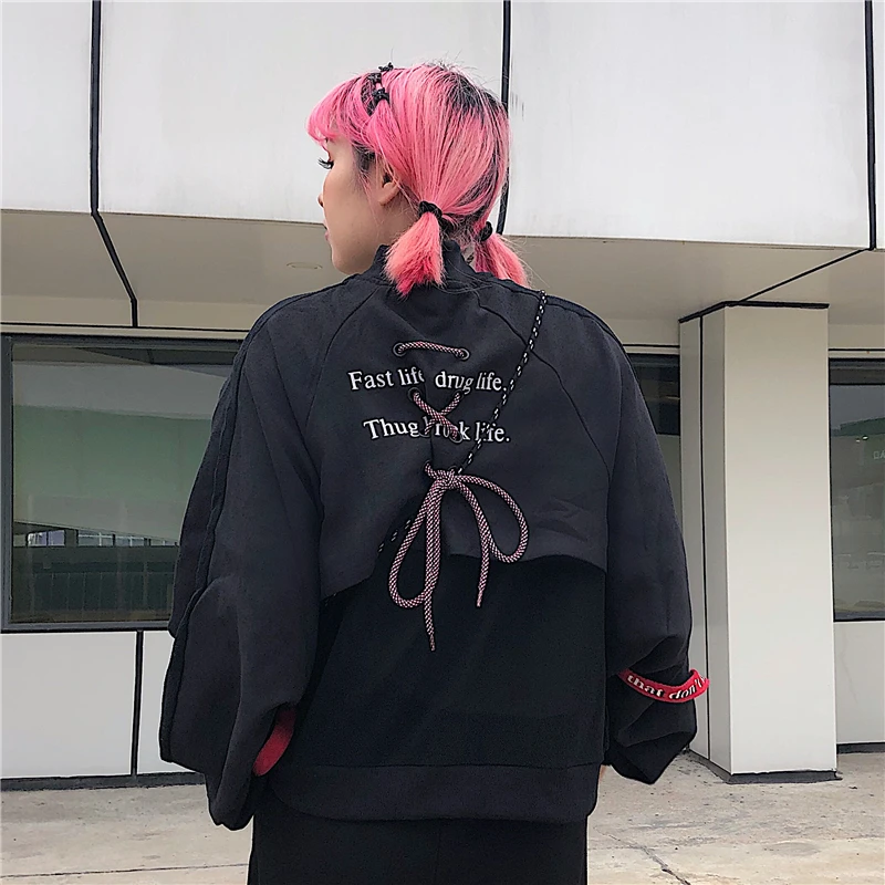 Harajuku Ulzzang стильная куртка для женщин сзади Шнуровка крест-накрест пальто на