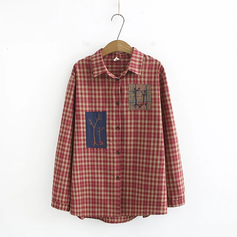 

Plus Size Women's Long Sleeved Plaid Blouse Cotton&Linen Embroidery Blusas Vintage Oversized Tops