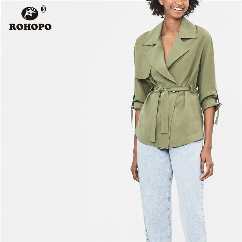 ROHOPO зазубренный воротник с поясом рюшами манжета тонкий армейский зеленый смесь