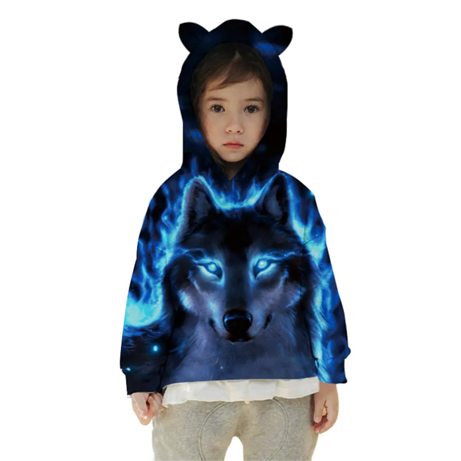 Детский пуловер с капюшоном и принтом головы волка кошек | Мать ребенок