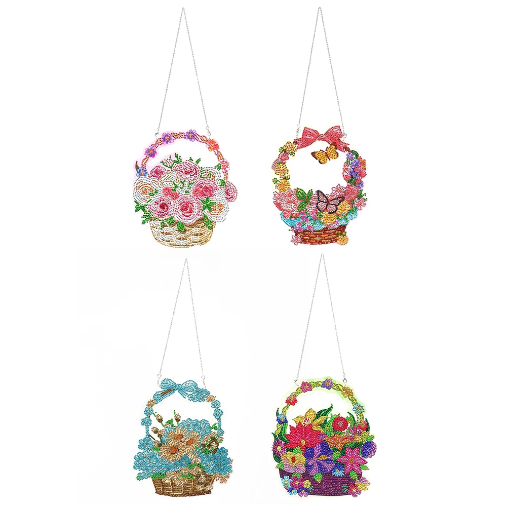 

5D Diamond Painting Flower Basket Pendant DIY Mosaic Rhinestone Acrylic Crafts for Door Window Home Decoration New Year Ornament