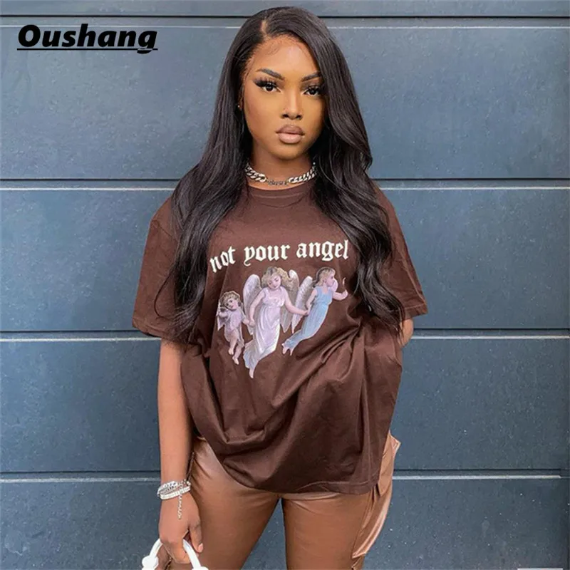 

Short Sleeve Graphic Tee Shirts Women Letter Printed Baddie Streetwear Brown Oversized T shirts Fashion Party Club Tees Summer