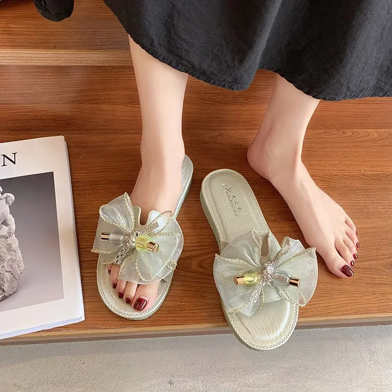 

Med Rubber Slippers Female Shoes Butterfly-Knot Summer Clogs Woman Luxury Slides 2021 Flat Beach Soft Designer PU Basic