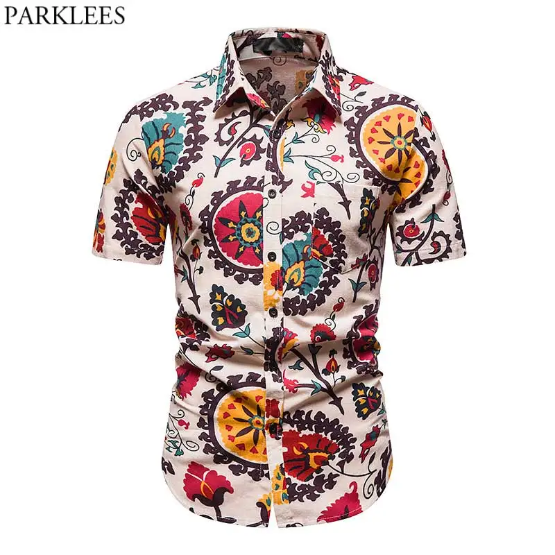 

Vintage Dashiki Floral Print Baggy Shirts Men Short Sleeve Cotton Linen Mens Hawaiian Shirts Casual Holiday Vacation Clothing