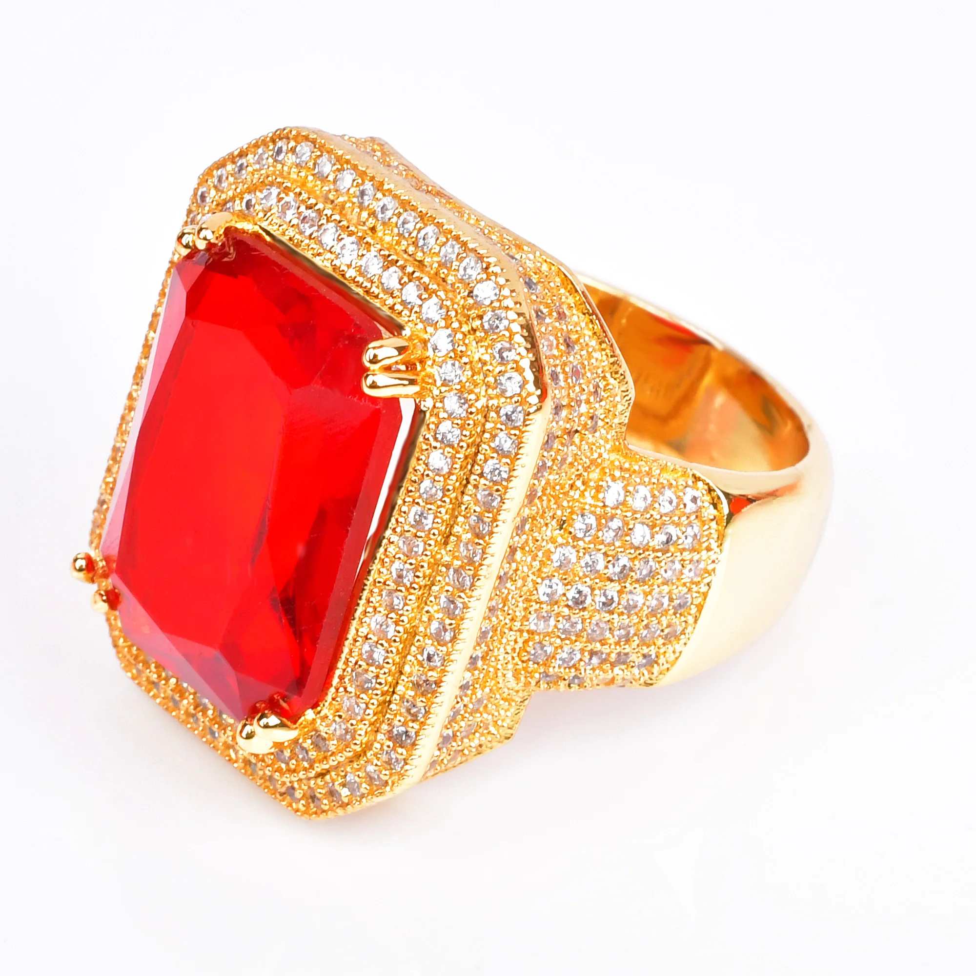 Мужское золотистое кольцо из меди и циркона в стиле хип хоп|Кольца| |