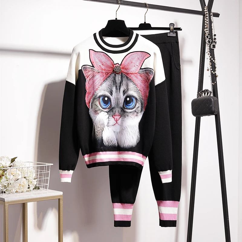 

Autumn Fashion Patch Cat Print Women Knit Set Casual Knitting Tracksuit Outfits Black Pullover Sweater Pencil Pants Knitted Suit