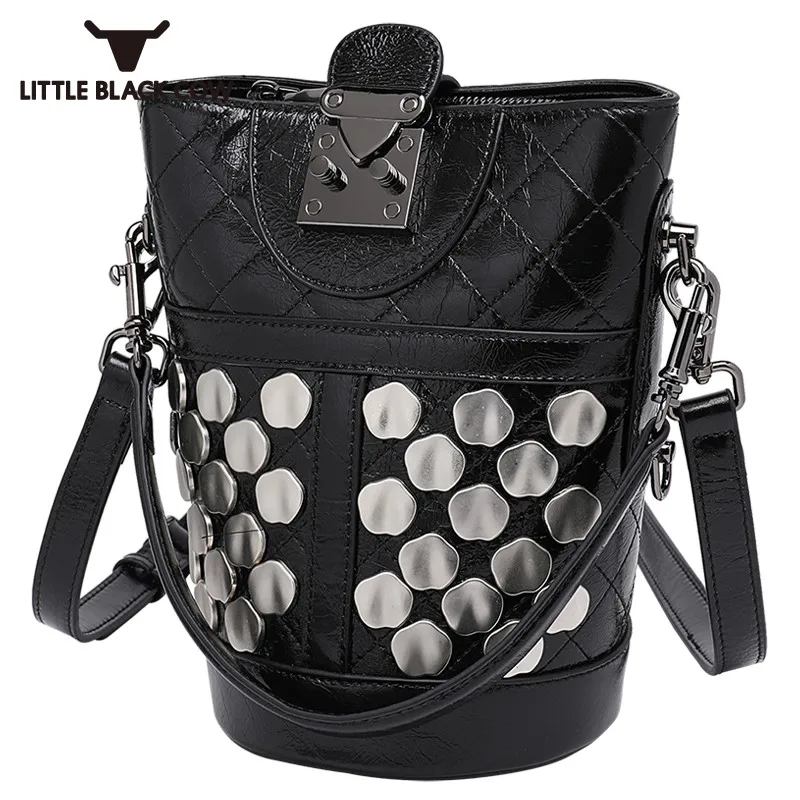 

2021 New Women Rivets Bucket Bag Fashion Diamond Lattice Sling Shoulder Bags Ladies Hasp Cowhide Genuine Leather Crossbody Bag