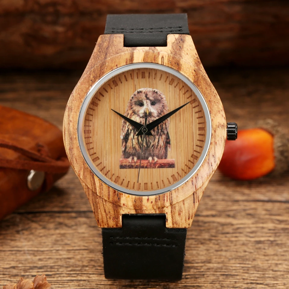 

3D Owl Design Dial Wood Watch Men Leather Belt Wood Clock Male Quartz Analog Wristwatch Retro Timepieces erkek kol saati Relojes