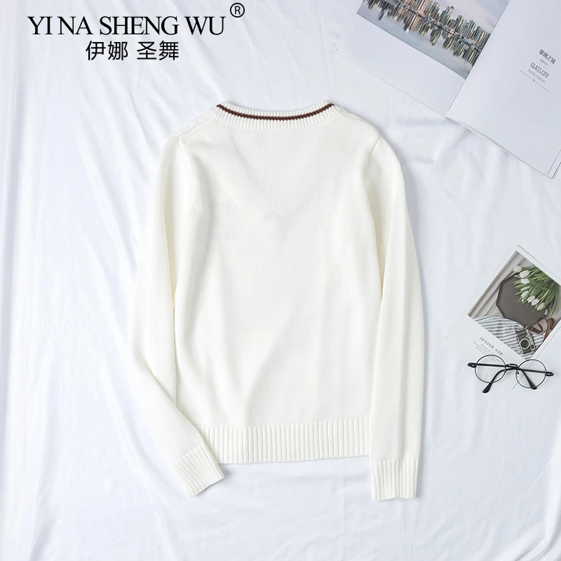 

British Style Uniform JK School Uniform Sweater For Girls Women V-neck Sweater Long Sleeve Knitted Uniform Cute Bear Pattern