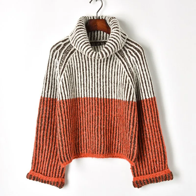 2018 женский толстый осенний свитер контрастного цвета с длинным рукавом высоким