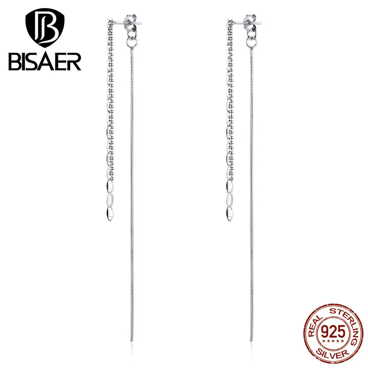 Простые серьги, BISAER, 925 пробы, серебряная кисточка, длинная цепочка, женские серьги-гвоздики, простой стиль, Стерлинговое Серебро, ювелирное изделие ECE790