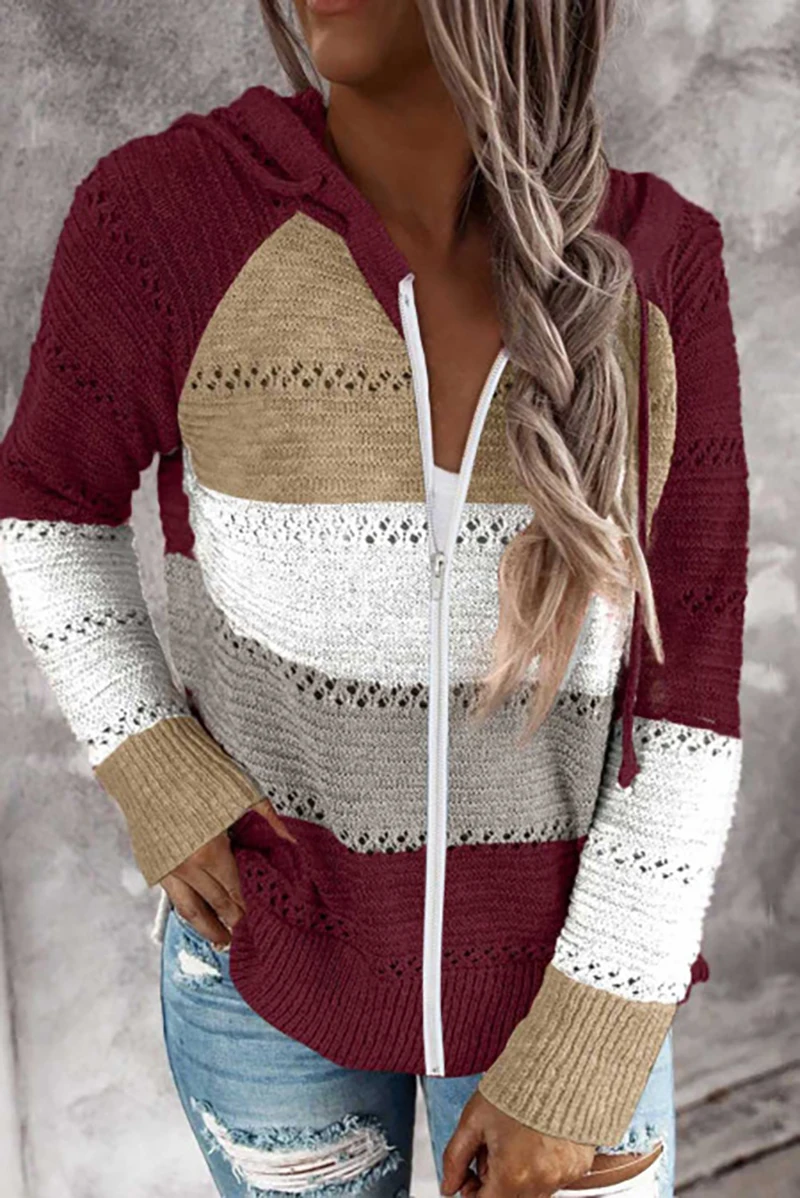 Женский вязаный свитер с капюшоном длинным рукавом и молнией спереди |