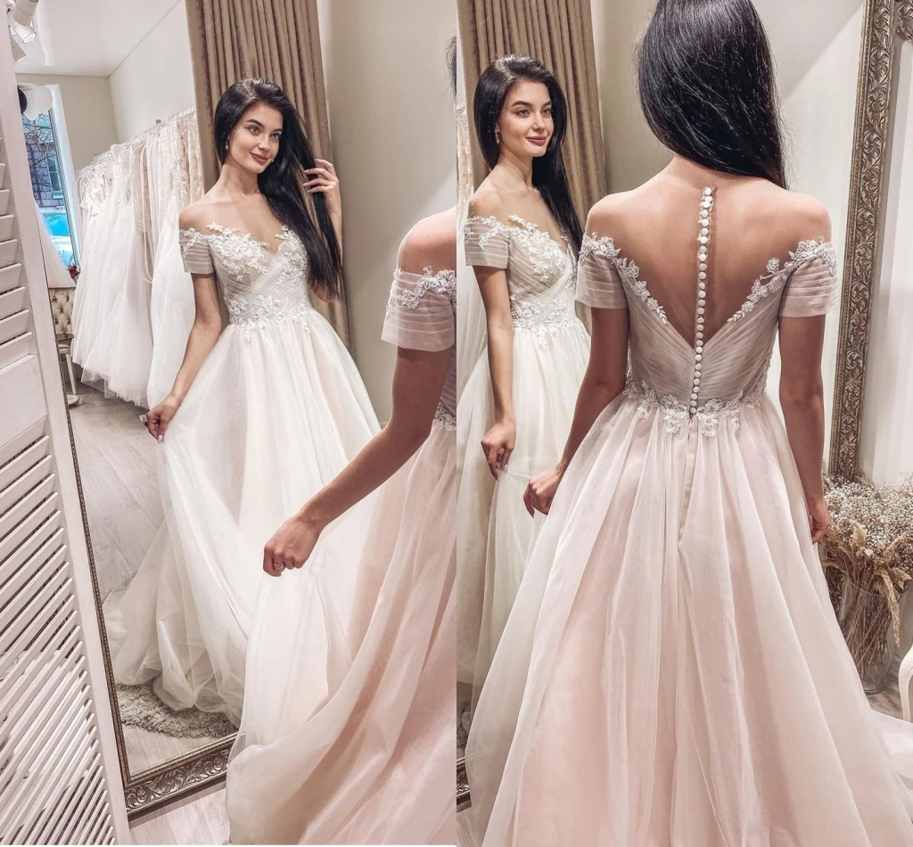 

Wedding Dress Boho Short Sleeve A-Line Button Floor Length vestidos de novia V-Neck Robe De Mariee Organza Lace Appliques