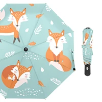 fully automatic cute fox cartoon three folding umbrella rain women sun protection outdoor travel umbrella parasol parapluie