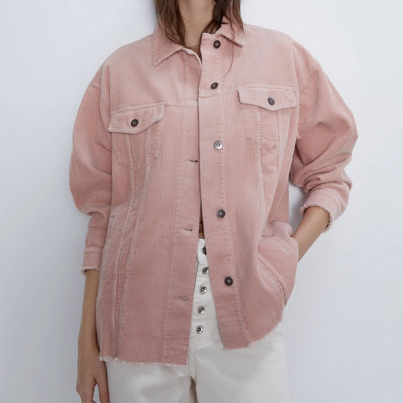 

Za 2021 New Luxury Corduroy Women Shirts Jacket Vintage Buttons Long Sleeve Loose Casual Jackets Coat Women's Pink Coat Outwear